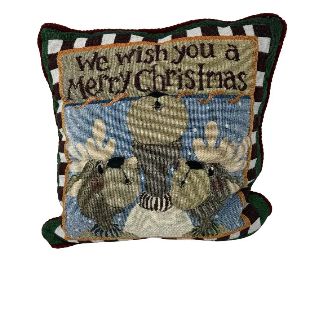 Holiday Vintage Tapestry Reindeer We Wish You A Merry Christmas Pillow Home Deco